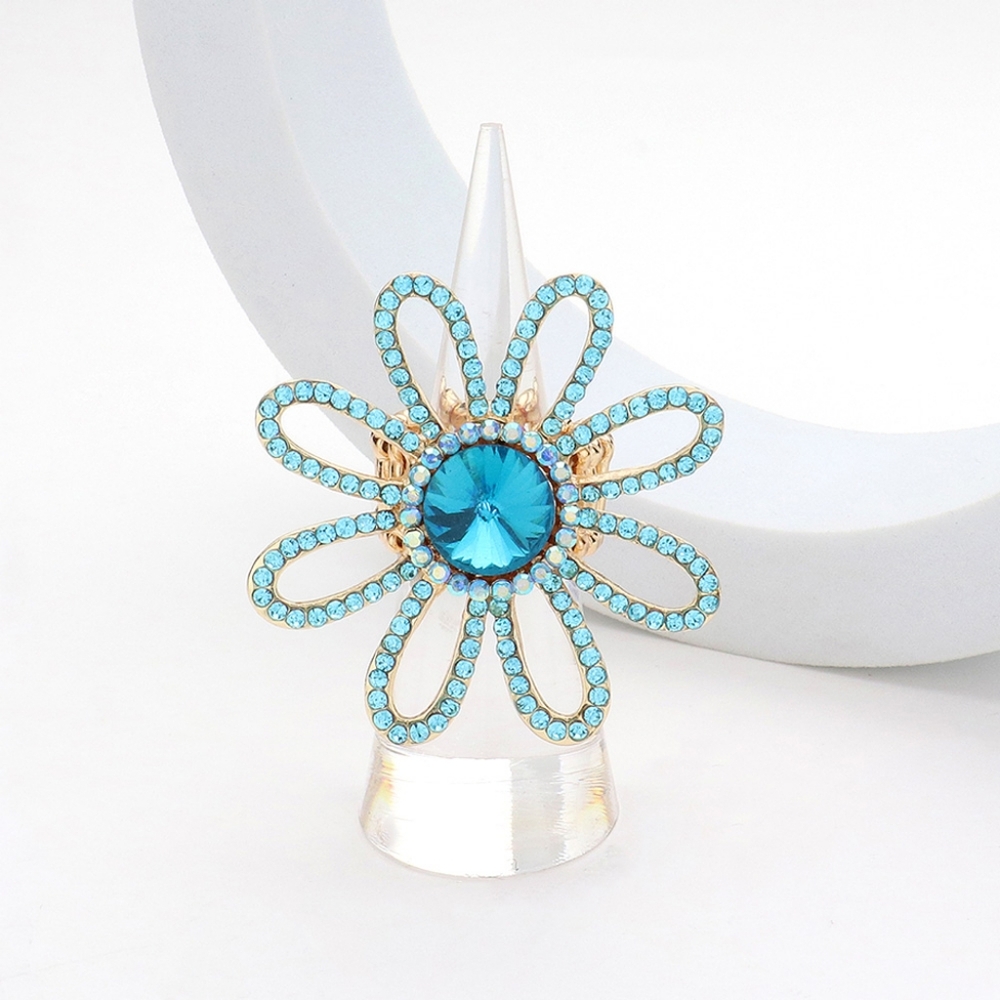 Blue Aqua Stretch Rhinestone Crystal Flower Fashion Ring Finger Adjustable